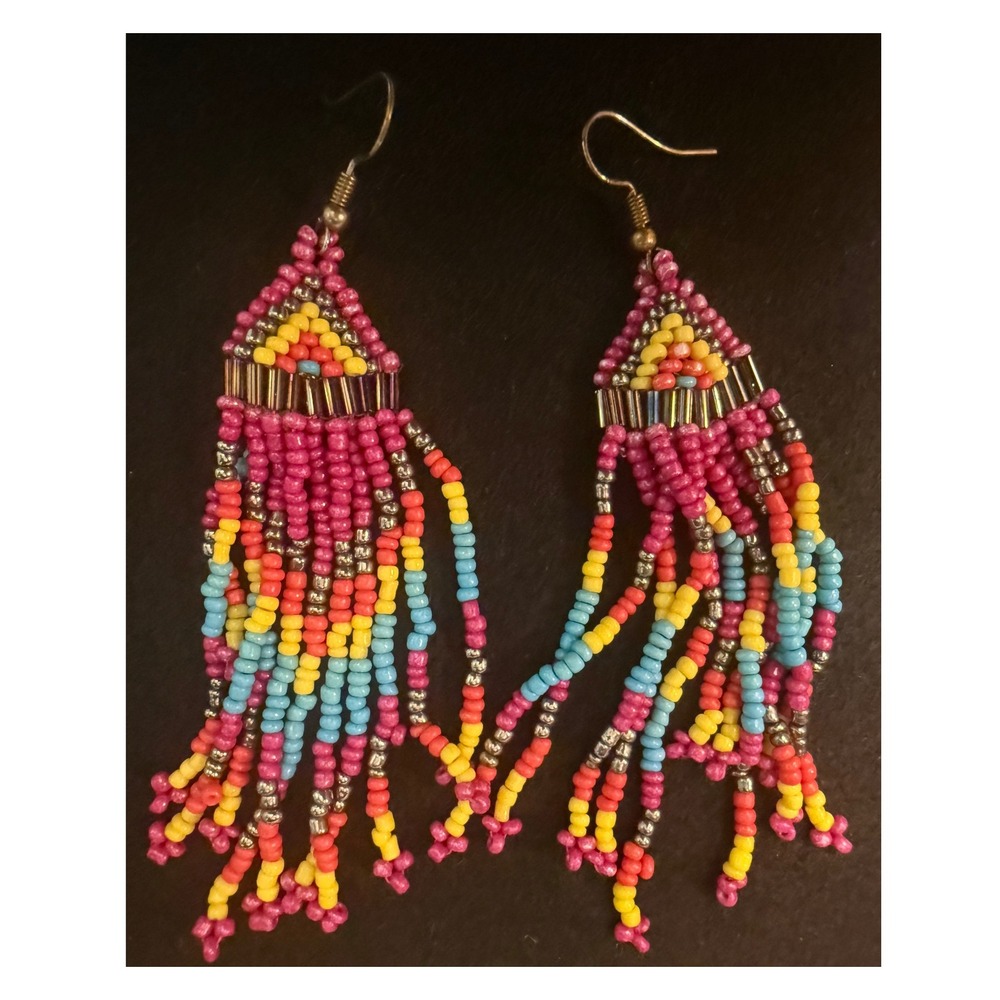 Long Multicolor Seed Bead Fringe Earrings Pink Turquoise Boho Statement 4.5in